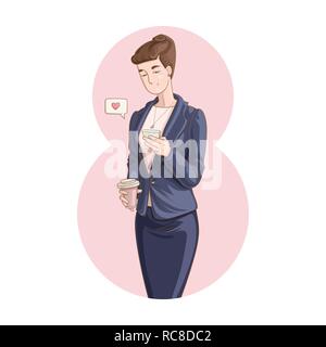 Message d'amour dans la bulle avec le symbole de coeur. Vector illustration de cartoon style businesswoman holding une tasse de café et à l'aide de mobile phone Illustration de Vecteur