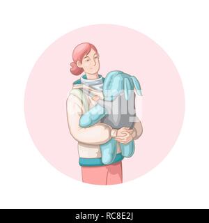 Heureuse Fête des Mères. Vector illustration de cartoon style jeune mère la marche à l'extérieur avec son enfant nouveau-né dans un porte-bébé pour votre conception Illustration de Vecteur