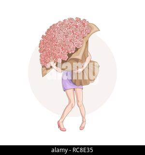 Le 8 mars. Bonne Journée de la femme. Vector illustration drôle de cartoon style jeune femme avec un énorme bouquet de roses montrant qu'elle est ok pour votre conception Illustration de Vecteur