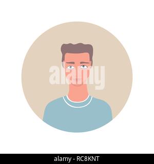 Portrait des jeunes adultes beau Caucasian man with wavy hairstyle marron clair yeux bleus portant l'icône tshirt Illustration de Vecteur