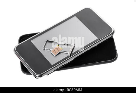 Téléphone mobile et la carte SIM sur un fond isolé blanc Banque D'Images