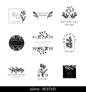 Une série de 9 chambres modernes et élégantes typographiques premade dessins de logos pour les fleuristes, cosmétiques, mariages et décor à la maison. Vector illustratio inspiré de la nature, Illustration de Vecteur