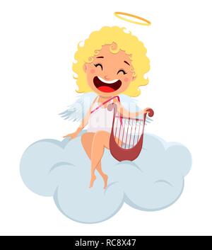 Cupidon est titulaire d'harpe et siège au nuage. Cute girl cartoon character. Happy Valentines Day carte de vœux. Vector illustration sur fond blanc Illustration de Vecteur