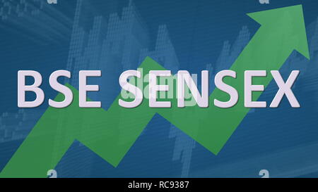 La BSE SENSEX index de la bourse de Bombay Stock Exchange est à la hausse. Une flèche en zig-zag vert derrière le mot ESB SENSEX sur un fond bleu avec un... Banque D'Images