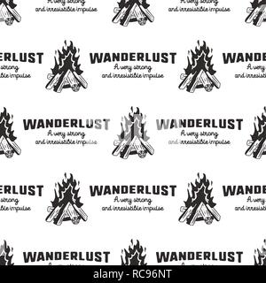 Wanderlust Pattern Design - d'aventure et de plein air et feu de camp avec arrière-plan transparent wanderlust précédemment. Style en détresse. Belle aventure de camping tee, vêtements, emballages, d'autres impressions. Vecteur Stock Illustration de Vecteur