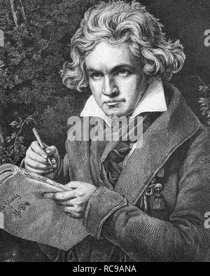 Ludwig van Beethoven, 1770-1827, compositeur allemand de la première école viennoise historique, woodcut, ca. 1880 Banque D'Images