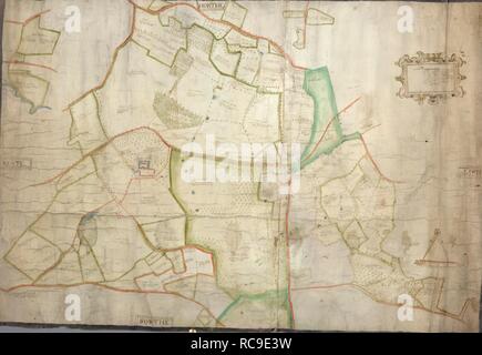 De l'enquête du manoir de Chilton. L'Angleterre, 1597. [Sondage] toute la carte et description du manoir de Chilton, Co., Suffolk avec Chilton Hall illustré en perspective. Produits au nom de Dudley Fortescue, comme exécuteur de la succession de Robert Crane l'aîné. Août 1597 publié à l'origine/produit en Angleterre ; 1597. . Source : ajouter. 70953,. Langue : anglais et latin. Banque D'Images