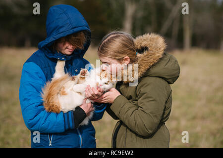 Frère et soeur de câlins chat dans domaine Banque D'Images