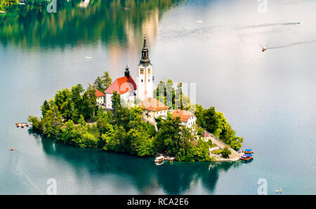 Vue aérienne de l'île de Bled en Slovénie Banque D'Images