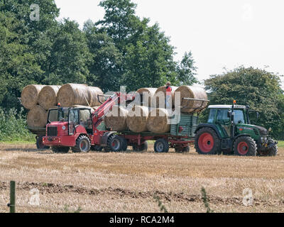 Ramasser des balles de paille dans un champ de chaume en Niedersachsen près de Barum, Elbmarsch, Allemagne. Banque D'Images