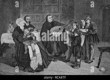 Martin Luther, chorale à l'église dans la chambre, la gravure historique, 1869 Banque D'Images