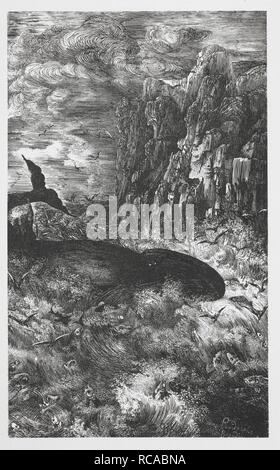 Une baleine au large de la côte. Fables et contes. Essais. Dessins de Bresdin et EÌcosse. GeÌnes, 1871. Source : C.193.b.47 planche 14. Auteur : Rodolphe Bresdin. Thierry De Faletans, Hippolyte. Banque D'Images