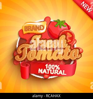 Logo de tomate fraîche, l'étiquette ou l'autocollant sur fond sunburst. Aliments naturels, biologiques, de boire ou de sauce.Concept pour farmers market, boutiques, d'emballage et les emballages, design publicitaire.Vector illustration. Illustration de Vecteur