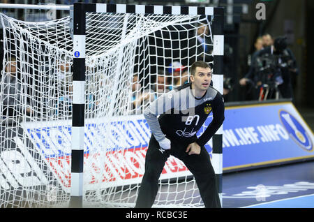 Berlin, Allemagne. 14 Jan, 2019. L'IHF Handball Championnat du monde masculin : Russie/Allemagne. Le gardien russe Victor Kireev Crédit : Mickael Chavet/Alamy Live News Banque D'Images