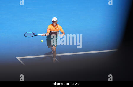 Melbourne, Australie. 15 Jan, 2019. Kei Nishikori du Japon fait concurrence au cours de la première série de match contre Kamil Majchrzak de Pologne à l'Open d'Australie 2019 à Melbourne, Australie, le 15 janvier 2019. Kei Nishikori a gagné 3-2. Credit : Bai Xuefei/Xinhua/Alamy Live News Banque D'Images