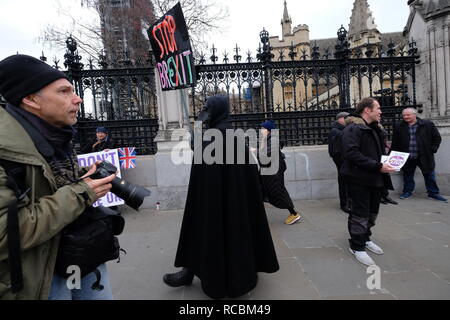 Londres, Royaume-Uni. 15 Jan, 2019. Quitter et rester partisans ainsi que les politiciens, les médias et religieux doomsayers recueillir l'extérieur du Parlement Crédit : Londonphotos/Alamy Live News Banque D'Images