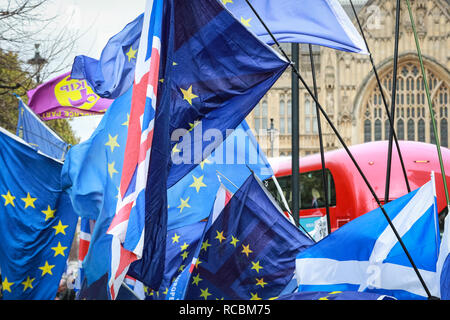 Westminster, London, UK, le 15 Jan 2019. Des manifestants anti Brexit, ainsi que ceux qui protestaient pour Brexit, ont une fois de plus réunis au Parlement et de College Green pour crier, chanter et agitent leurs drapeaux sur la journée que Parilament doit organiser un vote crucial sur le premier ministre Brexit traiter avec l'UE. Banque D'Images
