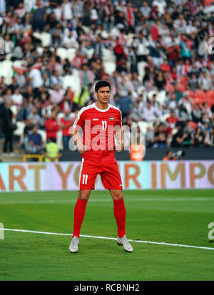 15 janvier 2019, Mohammed bin Zayed Stadium, Abu Dhabi, Émirats arabes unis ; football coupe d'Asie de l'AFC, la Palestine et la Jordanie ; Yahsir 24 Janviér de Palestine Banque D'Images