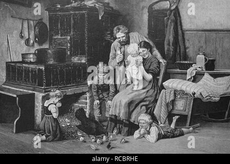 Idylle de la famille dans le salon d'un agriculteur avec poussins nouvellement éclos, historique de la gravure, 1880 Banque D'Images