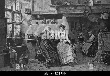 Couple de déplacement lors d'un arrêt dans une auberge historique, gravure, 1880 Banque D'Images