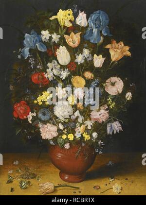 Nature morte avec roses, iris, tulipes, narcisses et dans un vase en céramique. Musée : collection privée. Auteur : Brueghel l'Ancien, jan. Banque D'Images