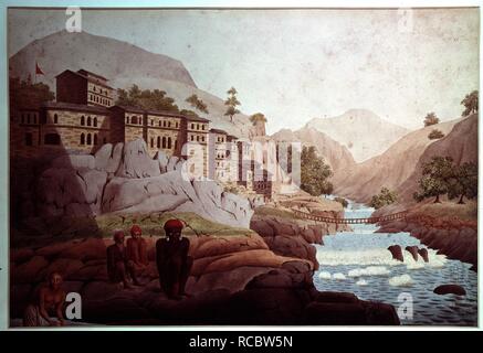 Devaprayaga et un pont de corde à travers le Bagirathi, Garhwal (U.P.). Liteared «' ascètes assis sur les rochers au premier plan et une femme laver ses vêtements. 11 mai 1808. aquarelle. Source : RM 345. Auteur : Hearsey, Hyder jeune. Banque D'Images
