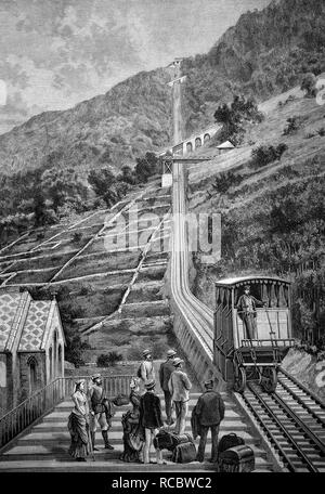 Train à crémaillère entre Montreux et Genève, Suisse, gravure de 1883 historique Banque D'Images