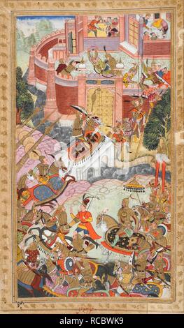 Baburâ l'armée attaque le fort de Chanderi (1528) (Bhawani). Vaki'at-i Baburi, les mémoires de Babur, traduit de l'original par Turki Mirza Abd al-Rahim, Khan-i khanan. Cent quarante-trois miniatures (surtout avec des attributions). c.1590. Aquarelle opaque. Style moghol moghol Akbar ;/style. Source : Ou. 3714 Vol.4 f.468v. Banque D'Images