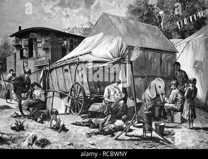 Vie des artistes, une troupe de théâtre itinérante, gravure historique, vers 1888 Banque D'Images