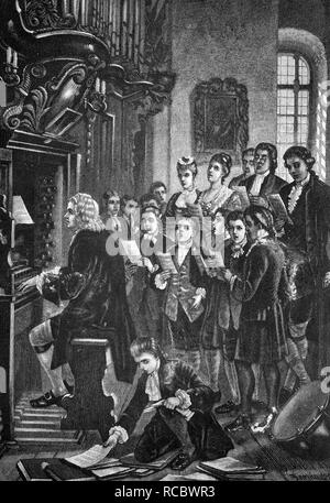Johann Sebastian Bach à l'orgue lors d'une répétition de chorale, historique de la gravure, 1888 Banque D'Images