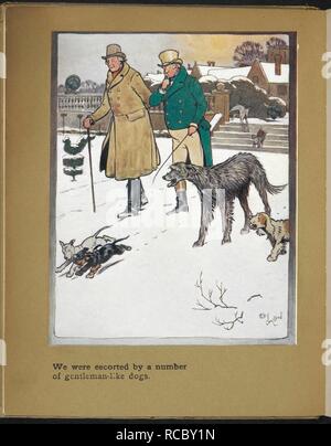 Nous avons été escortés par un certain nombre de gentleman-comme des chiens - Deux hommes marcher dans la neige. Le jour de Noël. (La veille de Noël.) [de l'Esquisse Livre.] ... Illustré en couleurs par Cecil Aldin. London : Hodder & Stoughton, [1910]. À partir de 'Noël'. Source : 12350.v.23. frontispice. Banque D'Images