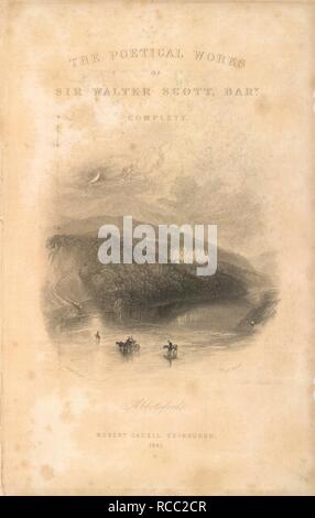 Abbotsford. The Poetical Works of Sir Walter Scott, Bart. ... Robert Cadell : Edimbourg, 1841. Page de titre illustrée montrant une grande maison avec vue sur la rivière. Dans la rivière est un chariot et deux cavaliers. Image tirée du Poetical Works of Sir Walter Scott, Bart. Avec des introductions et des notes. [La note de la préface signée : J. G. L., c.-à-d John G. Lockhart.]. Publié à l'origine/produit dans Robert Cadell : Edimbourg, 1841. . Source : 11614.h.1 volume 1, page de titre. Langue : Anglais. Banque D'Images