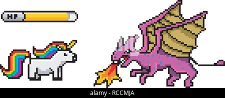 Pixel Art 8 bits en objets. Arc-en-ciel poney dinosaure dragon et licorne. Jeu rétro actif. Ensemble d'icônes. vintage ordinateur vidéo arcades. Vector illustration. Illustration de Vecteur