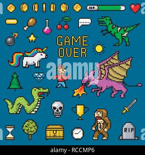 Pixel Art 8 bits en objets. Jeu rétro actif. Ensemble d'icônes. Ordinateur Vintage video arcades. Poney de dinosaures caractères unicorn arc-en-singe dragon serpent et pièces, Trophée du gagnant. Vector illustration. Illustration de Vecteur