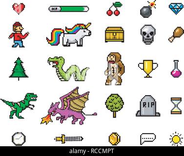 Pixel Art 8 bits en objets. Jeu rétro actif. Ensemble d'icônes. Ordinateur Vintage video arcades. Poney de dinosaures caractères unicorn arc-en-singe dragon serpent et pièces, Trophée du gagnant. Vector illustration. Illustration de Vecteur