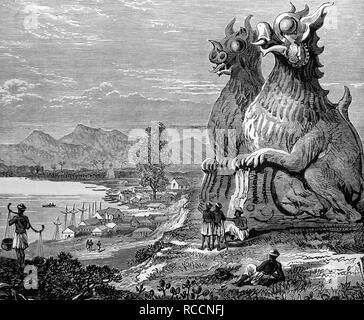 Statues de Dragon sur le fleuve Irrawaddy, Myanmar, Birmanie, illustration historique, gravure sur bois, vers 1888 Banque D'Images