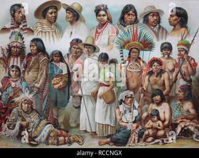 Les groupes ethniques d'Amérique : 1 femme Inuit du Labrador, 2, 3 Mexicain, 4 Highland Mexican mexicain du Yucatan, 5 Indiens de l'Equateur Banque D'Images
