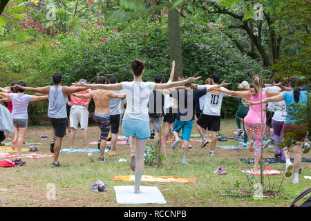 Groupe des personnes s'exercent sous les arbres, dans un parc public, le parc Ibirapuera, Sao Paulo, Brésil Banque D'Images