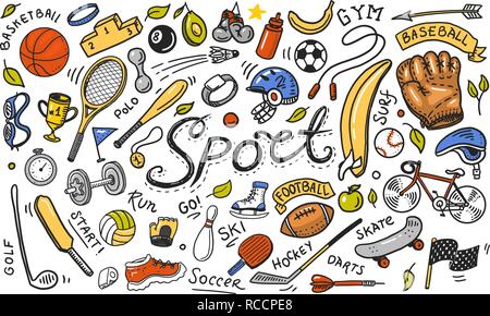 Jeu de sport icons style doodle. Pour l'équipement et la formation de remise en forme. Symboles de la santé et de l'activité. Tennis et football, basket-ball. Jeux pour le sport et l'éducation physique. Arrière-plan de site web. Illustration de Vecteur