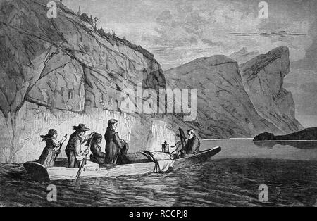 Ride grave sur un lac dans la région de Haute-Autriche, historique gravure sur bois, vers 1870 Banque D'Images