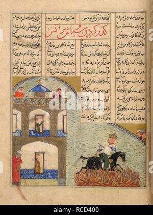 L'épreuve du feu de Siyavush. Shahnama. L'Iran, 1446. L'épreuve du feu de Siyavush vu par Kay Ka'us et Sudaba. Une peinture miniature d'un manuscrit du xve siècle poème épique de Shahnama. Image réalisée à partir d'Shahnama. Publié à l'origine/produit en Iran, 1446. . Source : Ou. 12688, f.135. Langue : Persan. Banque D'Images