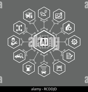 La technologie d'intelligence artificielle IA pour véhicule automobile et transport concept Icon Set en forme hexagonale avec la ligne de connexion élément design vector illus Illustration de Vecteur