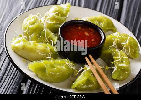 Vert délicieux gyoza avec matcha servi avec sauce épicée et microgreen close-up sur une plaque sur la table horizontale. Banque D'Images