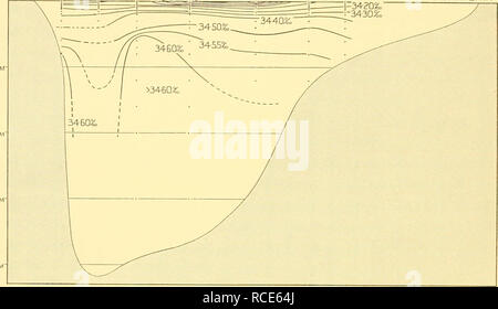 . Rapports de découverte. La découverte (navire) ; les expéditions scientifiques ; océan ; l'Antarctique, îles Falkland. Rapports de découverte malheureusement pas équipé pour la renverser des bouteilles d'eau utilisée en dessous de 400 m. Par conséquent les isolignes au-delà de cette profondeur dans les sections verticales à cette station sont situés trop bas. Poste WS382 WS383 W53B4 W5385 LE ROI GEORGE I. 3400&amp ; 33;30&amp;amp ; 3370&WS386 3360P&amp ; WS387 WS388 34-10 %o :3420°4 "3430&amp ;, TRINITY PENIN6 500 1000 1500 2000m. Fig. 17. Section verticale de la salinité : l'île du Roi George à la péninsule de Trinity, février 1929. TRINITY PENIN* Poste WS382 W Banque D'Images