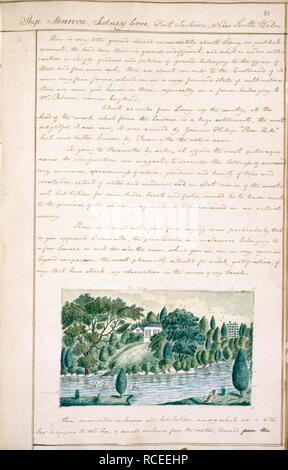 Parramatta, près de Sydney. Journal officiel conservé à bord du Minerva de transport I. 1799. [Ensemble] folio Journal entry pour le 14 février 1799, à Sidney Cove [Sydney]. Avis de Parramatta, l'un des établissements humains sur un ruisseau près de Sidney Cove Image tirée du journal conservés à bord du Minerva Transports de l'Irlande à Nouvelles Galles du Sud, 1798-1800. Publié initialement en 1799. produits/ . Source : ajouter. 13880, f.83. Langue : Anglais. Banque D'Images