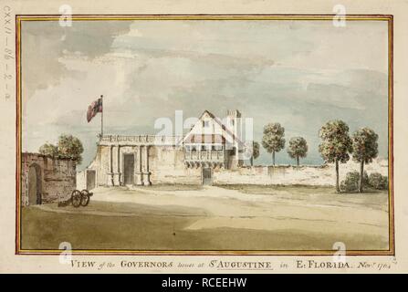 Une vue de la maison du gouverneur à St Augustine en Floride orientale, 1764. Vol d'un drapeau au-dessus d'un bâtiment de deux étages avec porte entre paires de colonnes à gauche et la galerie en bois soulevé plus de porte à côté de jardin clos à droite, Cannon en premier plan ; dans washlines. . Vue de la maison du gouverneur au ST. AUGUSTINE EN FLORIDE E.. Nov.r 1764. Novembre 1764. 1 dessin : aquarelle ; 20,5 x 31,1 cm la feuille. Source : Maps K.Haut.122-86-2-a. Auteur : ANON. Banque D'Images