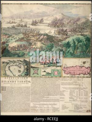 Tobago. Afbeeldingh der heete rescontre eau te en te Lan. Amsterdam, 1677. Batailles sur terre et en mer et autour de Tobago. Image réalisée à partir d'Afbeeldingh der heete rescontre eau te en te Lant op het Eylandt Niger, Tusschen den Fransen Admirael d'EstrÃ©e en den Heer Commandeur Binckes Maert en février, 1677. R. porte de Hooge. [Vue accompagnée par des plans de l'île et forts de Tobago]. Publié à l'origine/produit à Amsterdam, 1677. . Source : Cartes.*82510.(2). Langue : Néerlandais. Banque D'Images