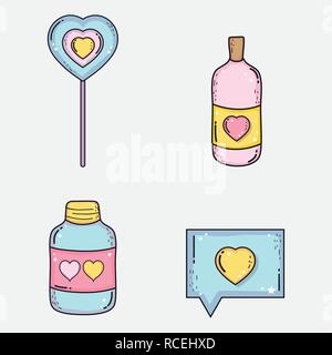 Situé coeur lollipop et bouteille avec amour comprimés et potion Illustration de Vecteur