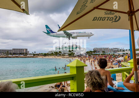 WestJet Airlines Boeing 737-8C-FUSM série CT 39081 volant en bas au-dessus de la baie de Moho dans la Princesse Juliana airport de St La Martre. Banque D'Images