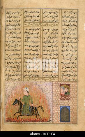 L'épreuve du feu de Siyavush. Shahnama. L'Inde, 1437. L'épreuve du feu de Siyavush vu par Kay Ka'us et Sudaba. Une peinture miniature d'un manuscrit du xve siècle poème épique de Shahnama. Image réalisée à partir d'Shahnama. Publié à l'origine/produit en Inde, 1437. . Source : Ou. 1403, f.100v. Langue : Persan. Banque D'Images